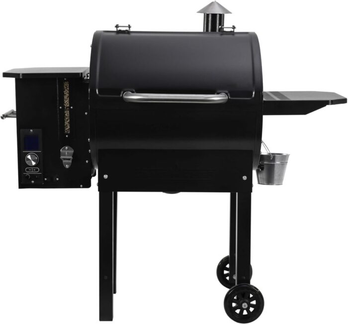 Wood pellet grill smoker with controller housing, chimney, shelf and wheels