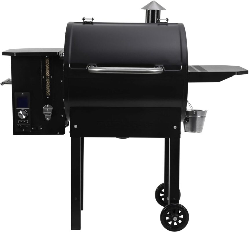 Wood pellet grill smoker with controller housing, chimney, shelf and wheels