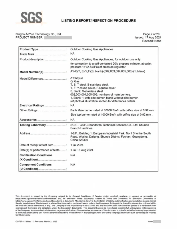 Redacted SGS listing report showing AO YUE outdoor gas appliance models and test configuration