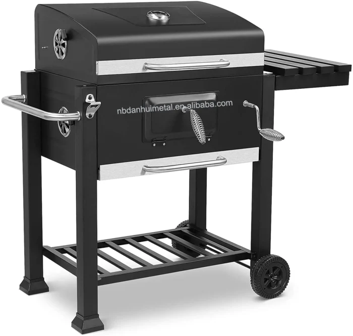 AY-TL020 trolley charcoal grill with lid, thermometer, shelves and wheels