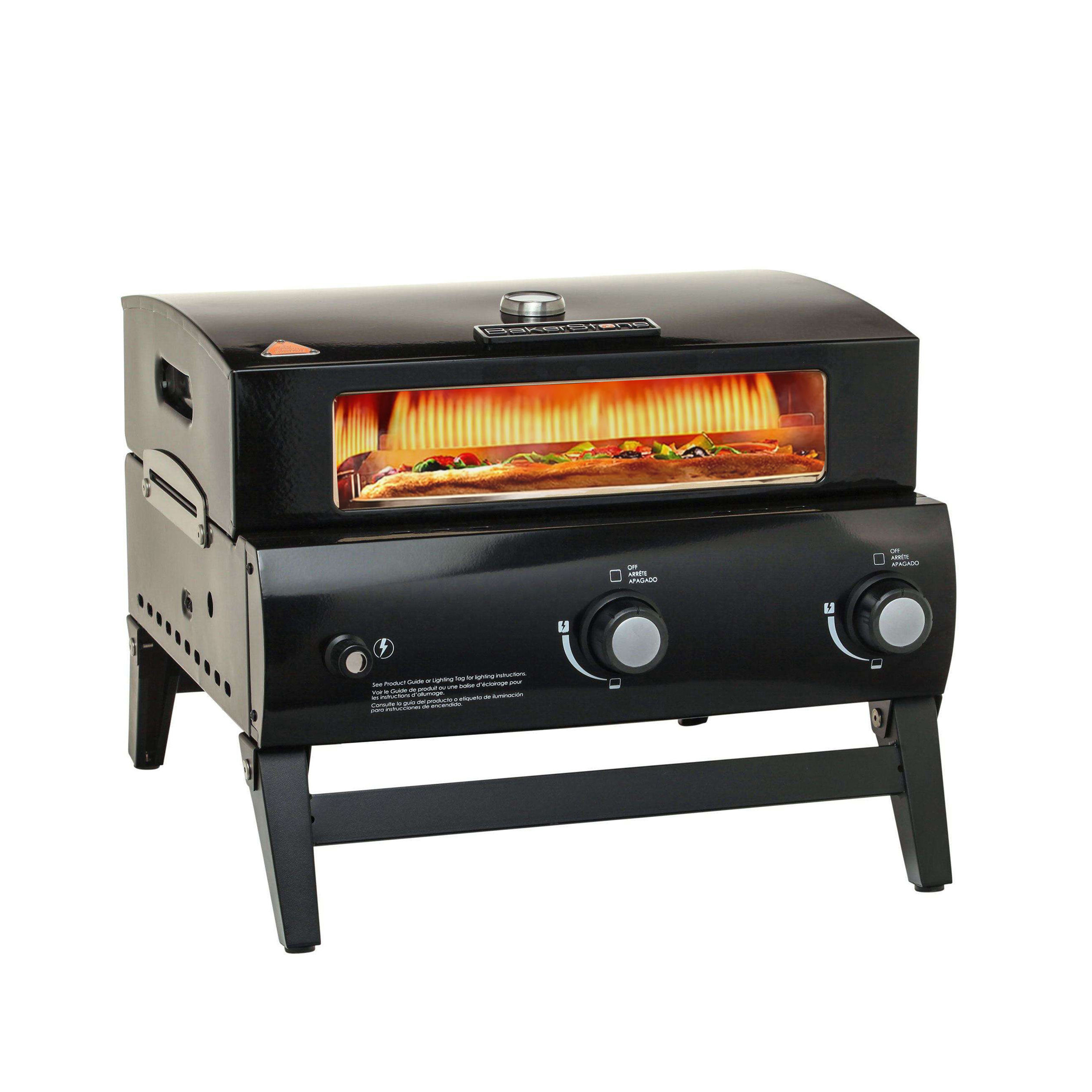 Outdoor pizza oven with pizza and removable door